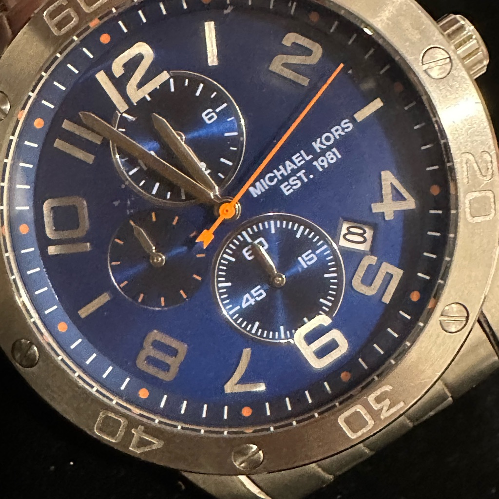 Sleek & Stylish Men’s Michael Kors Dress Watch With Blue Face & Orange Accents!